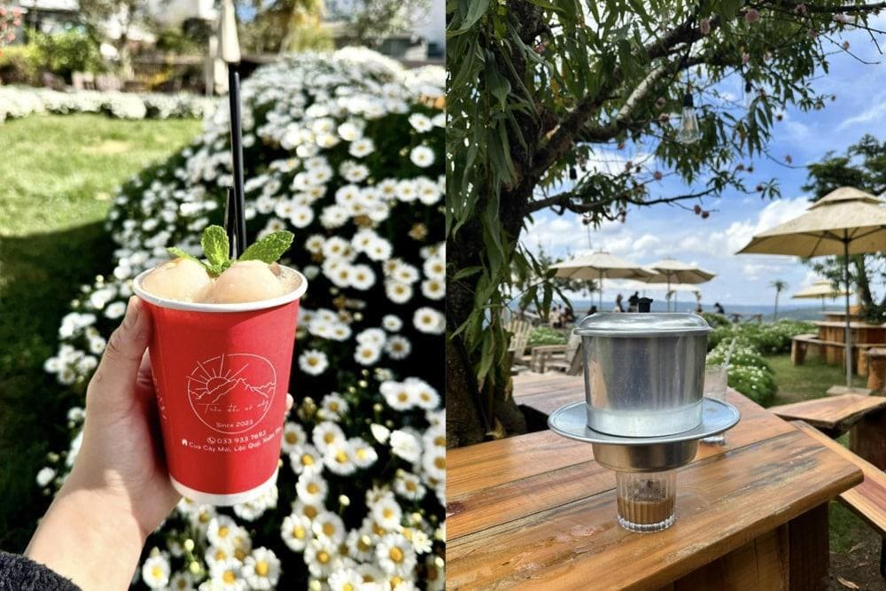 Đến với Tr&ecirc;n Đồi C&oacute; M&acirc;y, du kh&aacute;ch sẽ được nh&acirc;m nhi những ly c&agrave; ph&ecirc; đậm vị hoặc tr&agrave; tr&aacute;i c&acirc;y m&aacute;t l&agrave;nh với view thi&ecirc;n nhi&ecirc;n h&ugrave;ng vĩ (Nguồn: Fanpage Tiệm c&agrave; ph&ecirc; Tr&ecirc;n Đồi C&oacute; M&acirc;y)